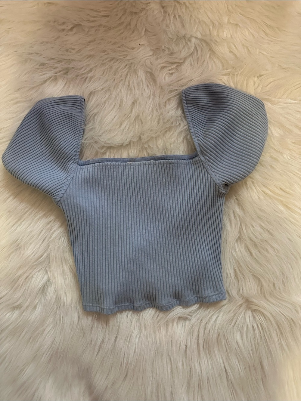 H&M Puff Sleeve Square Neck Ribbed Top - Light Blue Size S